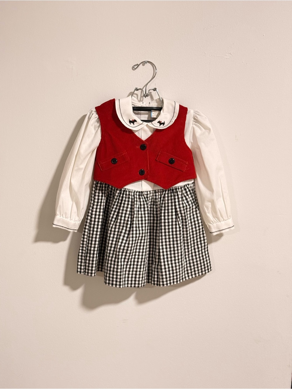 Red Corduroy Vest & Black Gingham Dress Set Vintage